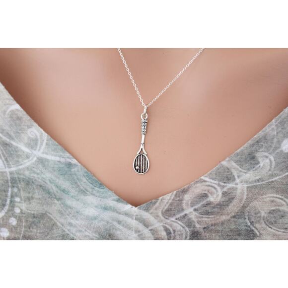 Sterling Silver Tennis Racket Charm Necklace, Tennis Racket Pendant Necklace - Picture 1 of 2